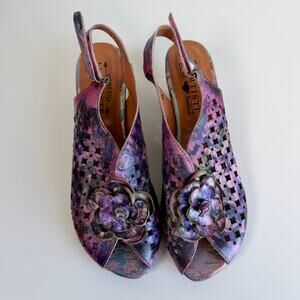 L'Artiste Lovella Slingback Sandal Block Floral Leather Pink Purple Size 41